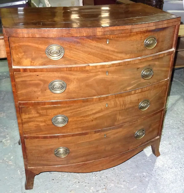 A 19th century mahogany bowfront chest of four long drawers, on splayed feet, 92cm wide x 97cm high.  H5