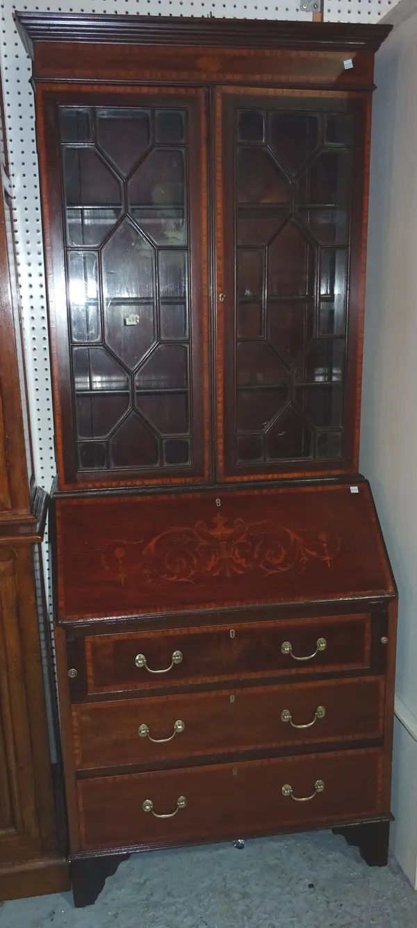 An Edwardian mahogany inlaid bureau bookcase, with glazed top section, 77cm wide x 190cm high.  M5