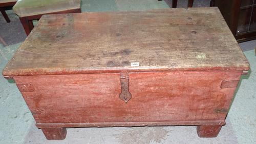 An early 20th century teak metal bound trunk, 100cm wide x 52cm high.  I6