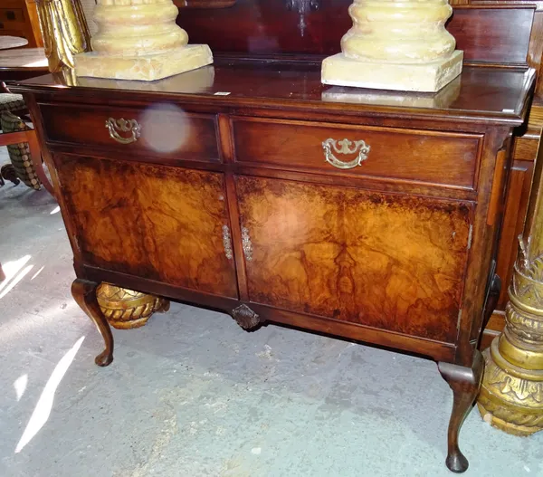 A mahogany side cabinet, with two drawers over cupboard base, on pad feet, 122cm wide x 111cm high.  C9