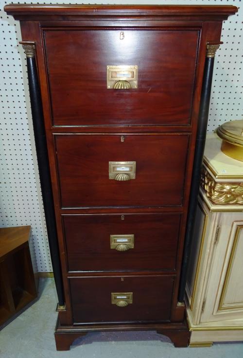 A 20th century Empire style mahogany filing cabinet, with four drawers and green leather top, on bracket feet, 62cm wide x 140cm high.  A10
