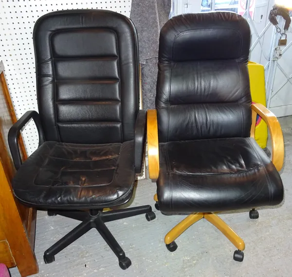A 20th century hardwood and black leather office open armchair, together with a 20th century black leather office armchair, (2). A6