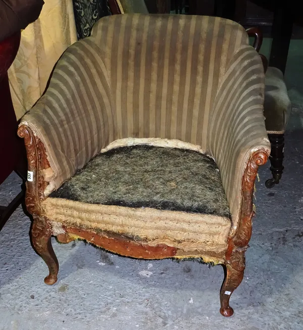 A 19th century walnut bergere chair, with acanthus carved decoration, on cabriole supports, (a.f).  J5