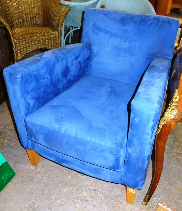 A 20th century blue suede upholstered easy armchair, on tapering square supports. EXTRA