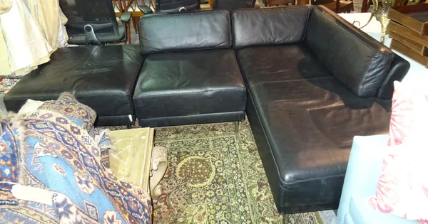 Habitat; a black leather and chrome corner sofa, 176cm wide x 69cm high.   D4