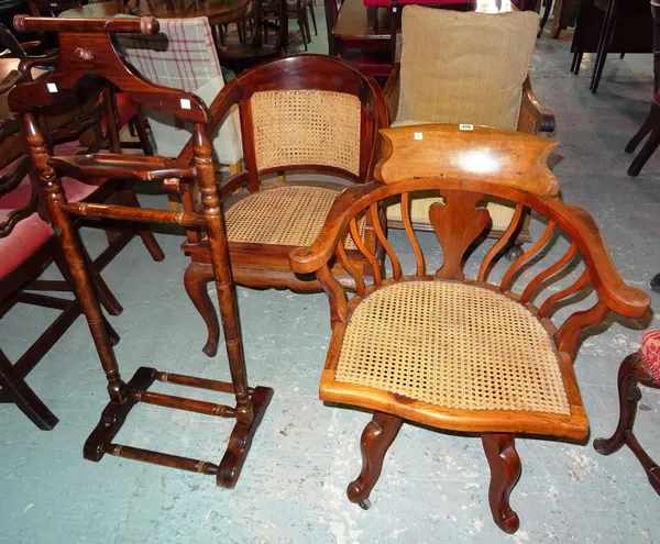 A Victorian walnut captains chair, an early 20th century bergere chair and a suit hanging rail, (3).   D1