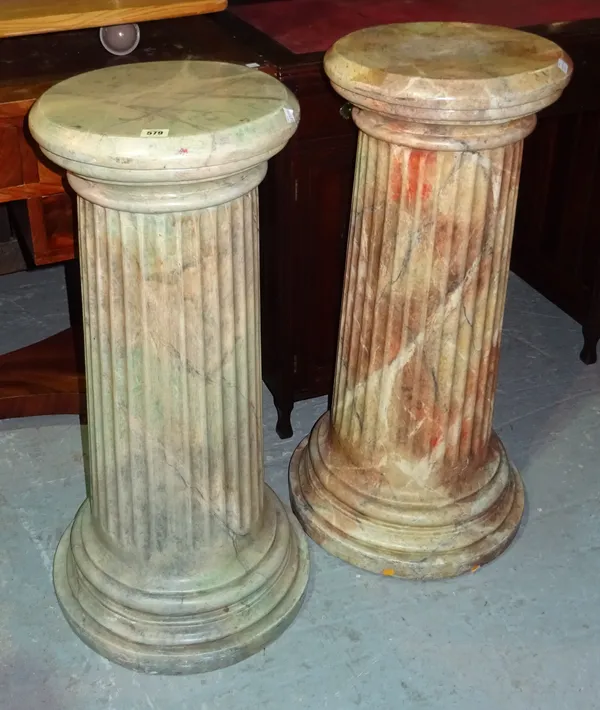 A near pair of 20th century faux marble jardiniere stands with fluted column on plinth base, 25cm wide x 53cm high, (2). I8