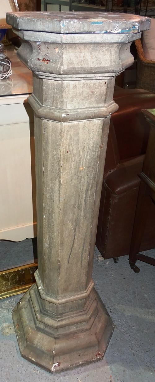 A pair of grey painted jardiniere stands, with octagonal top, octagonal column and base, 28cm wide x 111cm high, (2).  H4