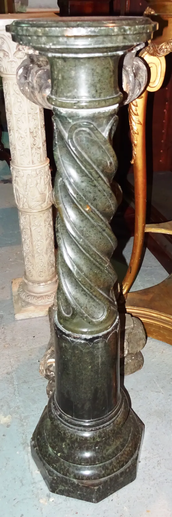 A late 19th century green marble jardiniere stand, on twisted central column and plinth base, (a.f), 26cm wide x 106cm high.  K8