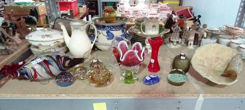 Decorative glass, Matt Johansen; two glass sculptures, and a quantity of decorative items including a Murano type fish, a shell shaped bowl, paperweig