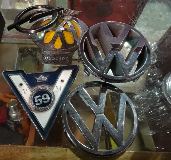 Automotive interest; a quantity of car badges from various makers, including VW, BMW and others, (qty).  C