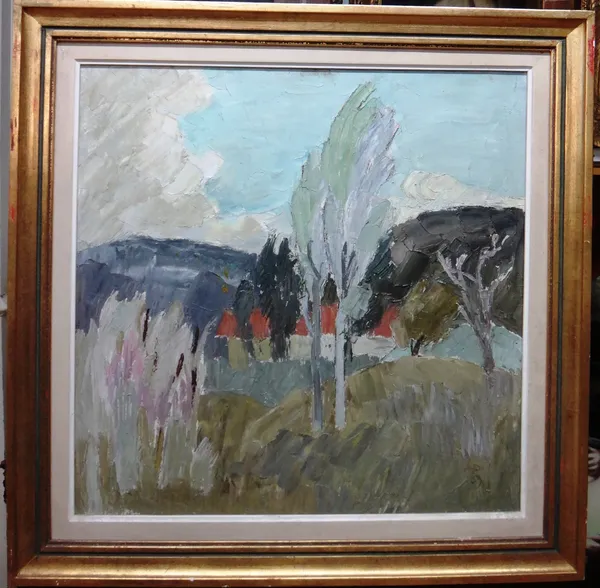 Angela Pope Bradean (20th century), Trees in a landscape, oil on canvas, signed and inscribed on reverse, 54cm x 54cm. N1