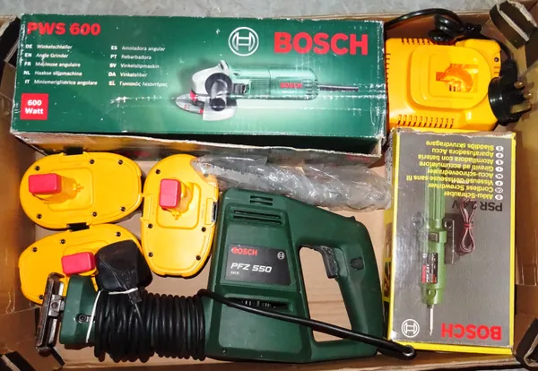 Tools comprising; a Bosch angle grinder, boxed, a Bosch electric screwdriver, boxed, a quantity of Dewalt 18v batteries and sundry, (qty). K1