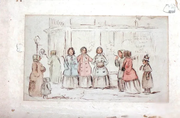 John Leech (1817-1864), Ladies gathered before a shop front, pen, ink and watercolour, signed, unframed, 12.5cm x 20.5cm.