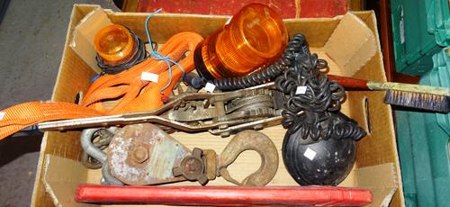 Tools, comprising; an aluminium tool box, an aluminium case, a hand powered wench, safety lights and sundry, (qty).  K3