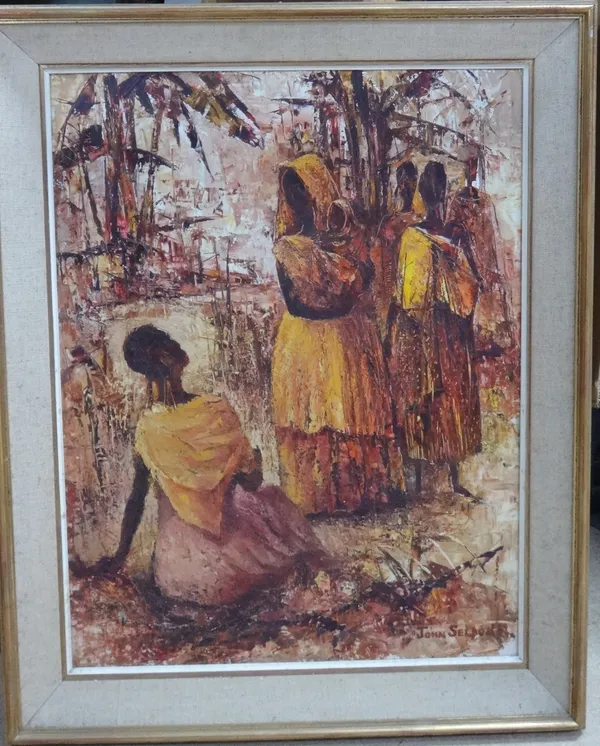 John Seldon (20th century), Native figures, oil on board, signed and dated '63, 64cm x 49cm.  J1