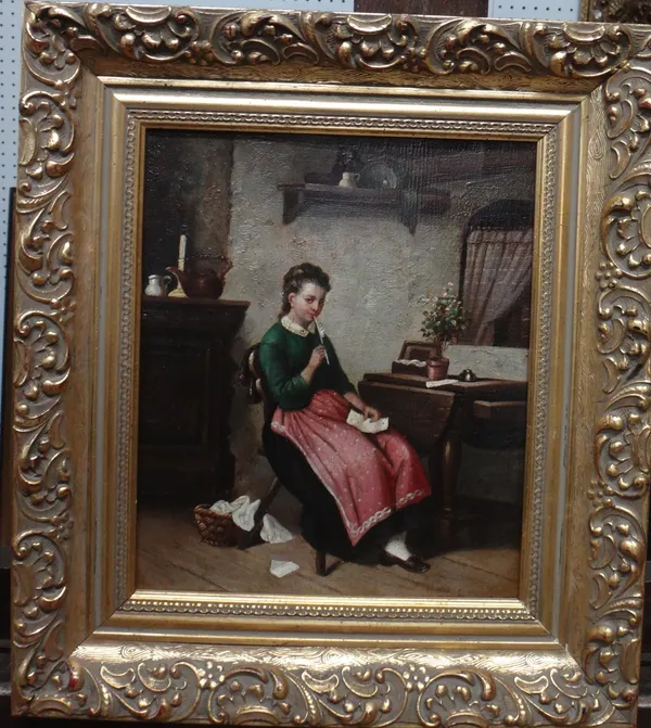 Continental School (19th/20th century), A girl seated in a cottage interior, oil on canvas, 24cm x 20cm.   J1