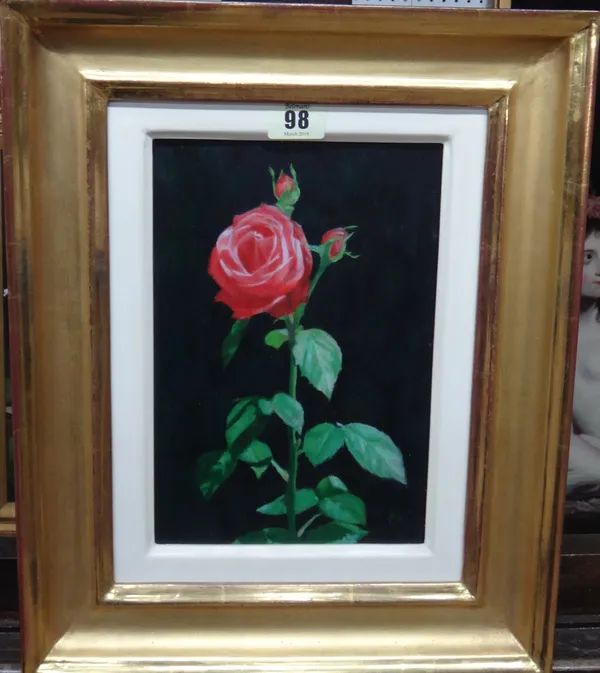 Mark Clark (contemporary), Still life of a rose, oil on copper, 25cm x 16cm.  J1