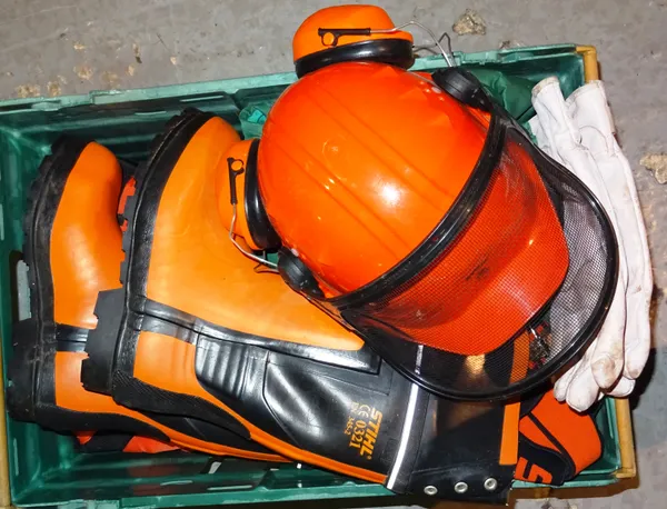 Stihl; a quantity of branded equipment, including a hard hat, ear defenders, steel toe cap Wellington boots (UK size 8), trousers and sundry, (qty).