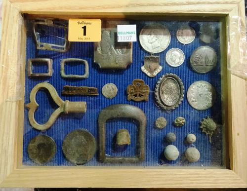 A small glazed frame containing metal detector finds, including; coins, buckles, buttons and sundry, (qty)  CAB