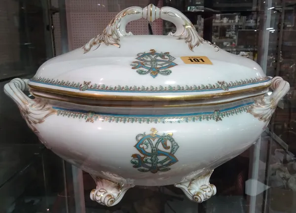 A French porcelain tureen and cover, late 19th/early 20th century, marked 'Hache Julien and Cie' to the base, with gilt, turquoise and green armorial