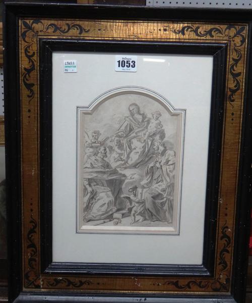 Italian School (18th century), Madonna, child and assembled saints, pen, ink and grey wash, arched top, 20cm x 13cm.