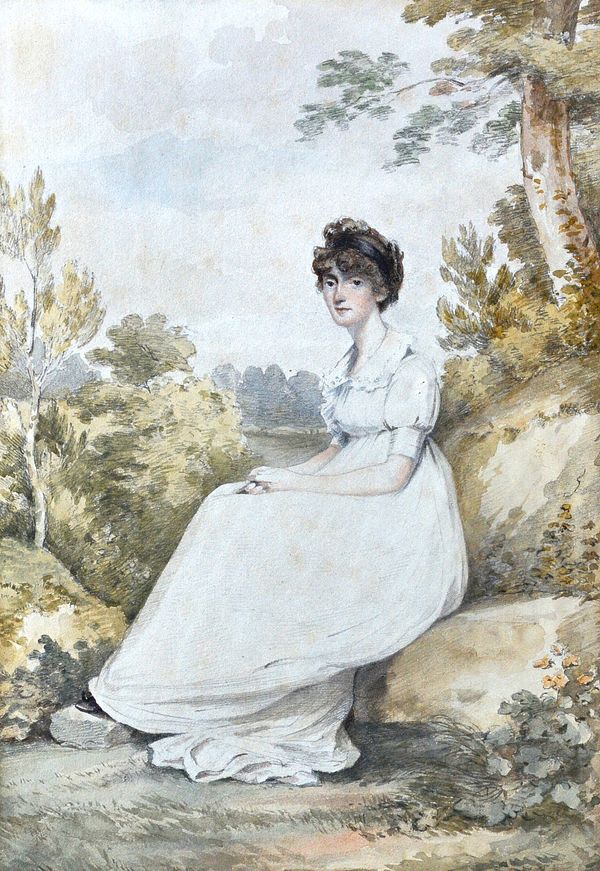Attributed to Adam Buck (1759-1833), Portrait of a lady seated in a landscape, watercolour, 30cm x 21cm.  Illustrated