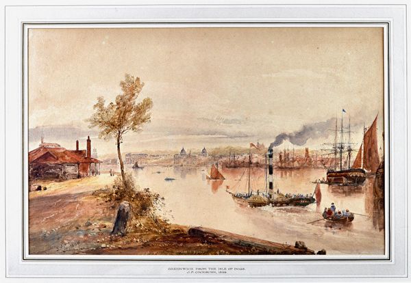 James Pattison Cockburn (1778-1847), Greenwich from the Isle of Dogs, watercolour, signed and dated 1858, 32cm x 50cm.  Illustrated