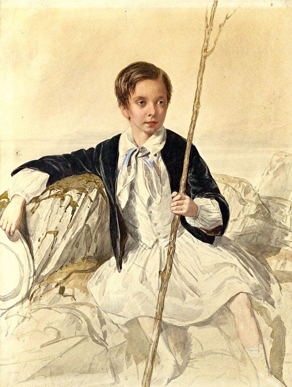 Octavius Oakley (1800-1867), Study of a young boy holding a staff, watercolour over pencil, 45cm x 34cm.  Illustrated