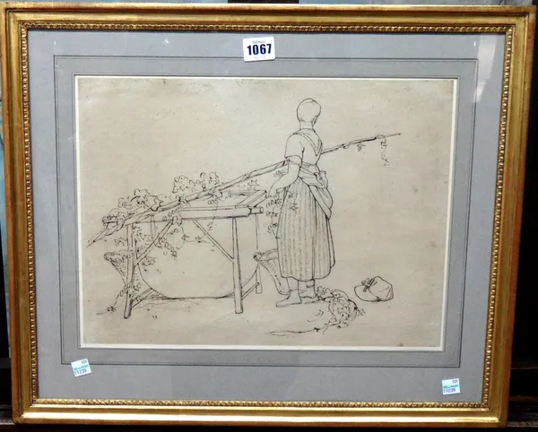 Thomas Unwins (1782-1857), A Hop Picker at Farnham, pen and ink, with another sketch verso, 28cm x 37.5cm.