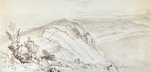 Edward Lear (1812-1888), Monte Genesio, pen and brown ink, inscribed and dated 1879, 25cm x 52cm.  Illustrated