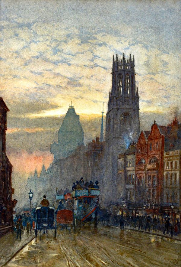Herbert Menzies Marshall (1841-1913), Fleet Street by Temple Bar, watercolour, signed and dated 1898, 62cm x 44cm.  Illustrated