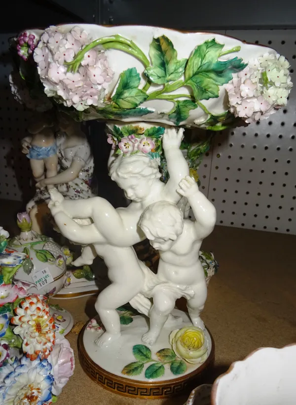 Ceramics, including; mainly Continental floral encrusted porcelain, Minton figural candelabra, Meissen style vases, flowers and sundry, (qty).   S4T