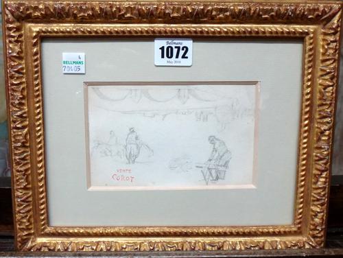 Jean Baptiste Camille Corot (1796-1875), Paris Le Pont Neuf and studies of figures, pencil, with Corot sale stamp, 9cm x 13.5cm.