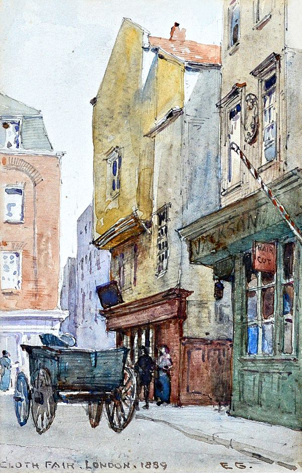 Ernest George (1839-1922), Street scene with girl selling flags; Cloth Fair, London, two watercolours, one signed with initials, inscribed and dated 1