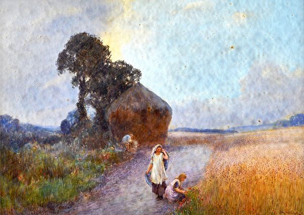John White (1851-1933), Harvest girls gathering poppies, watercolour and gouache, signed, 25cm x 35cm.  Illustrated