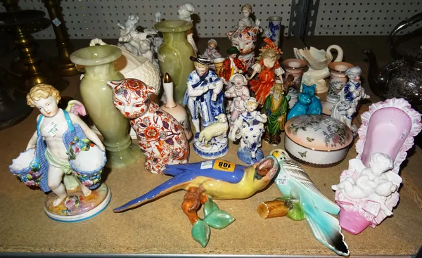 Ceramics, including; mainly 20th century, white glazed figures, Meissen type figures, Asian model of a sage, cat figures and sundry, (qty).  S4M