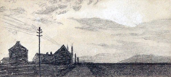 Attributed to Laurence Stephen Lowry (1887-1976), Landscape with houses and telegraph poles, pencil, 5cm x 11cm.  IllustratedProvenance: Reputedly ex