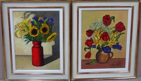 Lucy Best (Contemporary), Floral still lives, a pair, oil on canvasboard, both signed, each 45cm x 35cm.(2)  G1