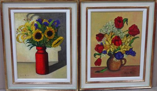 Lucy Best (Contemporary), Floral still lives, a pair, oil on canvasboard, both signed, each 45cm x 35cm.(2)  G1