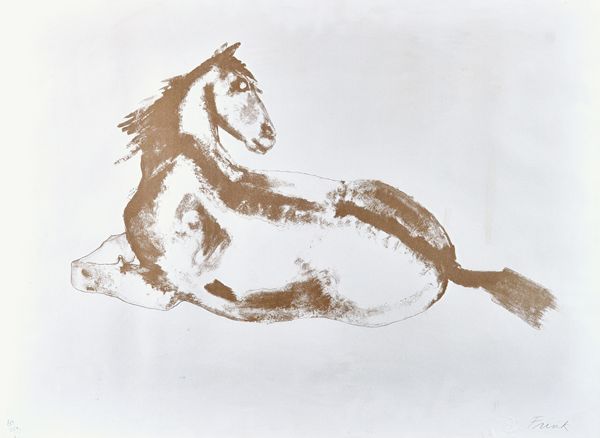 Dame Elisabeth Frink (1930-1993), Lying down horse, lithograph in brown, 1972, signed and numbered 46/250 in pencil, 57cm x 76cm. DDS  Illustrated