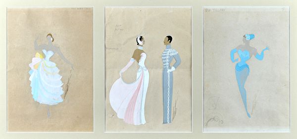 Erté (Romain de Tirtoff 1892-1990), Three costume designs, gouache, two signed, framed as one, each 34cm x 24cm.(3)  Illustrated