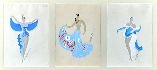 Erté (Romain de Tirtoff 1892-1990), Three costume designs, gouache, all signed, framed as one, each 34cm x 24cm.(3)  Illustrated