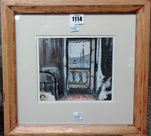 French School (20th century), San Tropez, gouache, pen and ink, indistinctly signed, inscribed and dated '32, 15cm x 16cm.