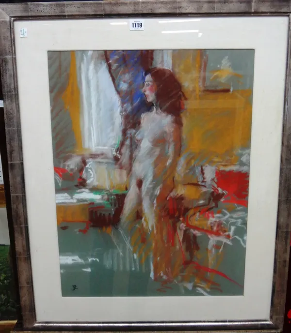 Tom Coates (b.1941), Standing female nude in an interior, pastel, signed with initials, 60cm x 45cm. DDS