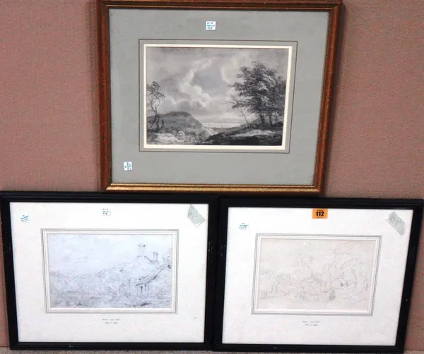 Follower of David Cox, Cottage scene; Village scene, two pencil drawings, each 17cm x 24cm; together with a pencil and wash drawing in the style of Pa