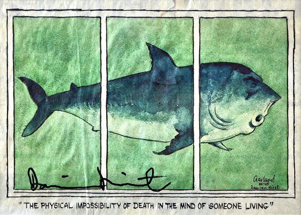 Nicholas Garland (b.1935), after Damien Hirst, 'The Physical Impossibility of death in the mind of someone living', printed cartoon of Tank Shark, wit