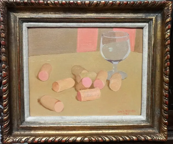 John Napper (1916-2001), Corks, oil on canvas, signed and dated 1983, 18cm x 23.5cm.DDS