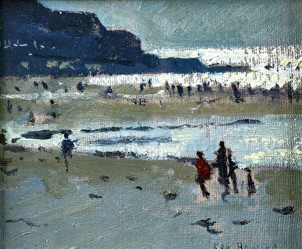 Ken Howard (b.1931), Beach scene, oil on canvasboard, signed, 12cm x 13.5cm. DDS  Illustrated