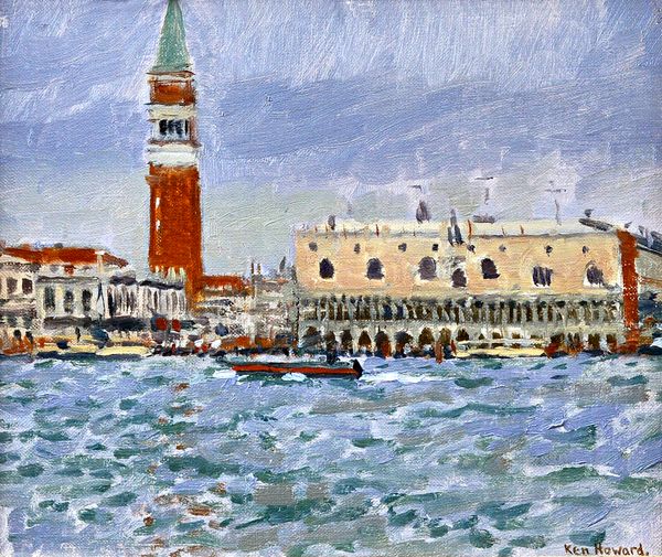 Ken Howard (b.1932), The Campanile and the Doges palace from the lagoon, Venice, oil on canvas, signed, 19.5cm x 24cm. DDS  Illustrated